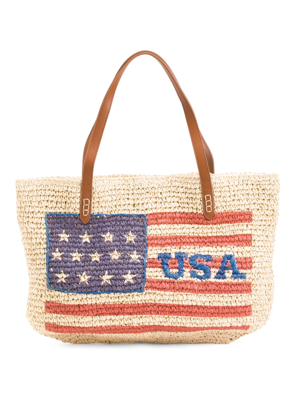 Koret Straw Tote with USA Flag Embroidery and Brown Handles